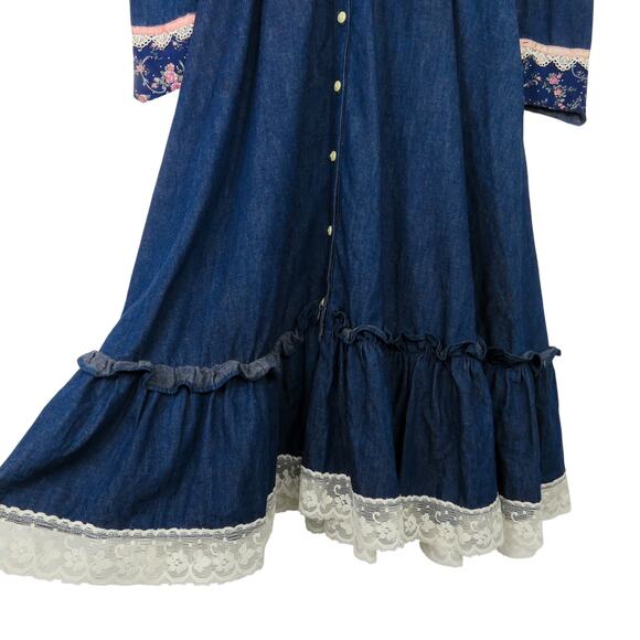 1970s Gunne Sax Vintage Blue Denim Calico Floral Trim Maxi Dress Prairie Dress 3 - Picture 4 of 12